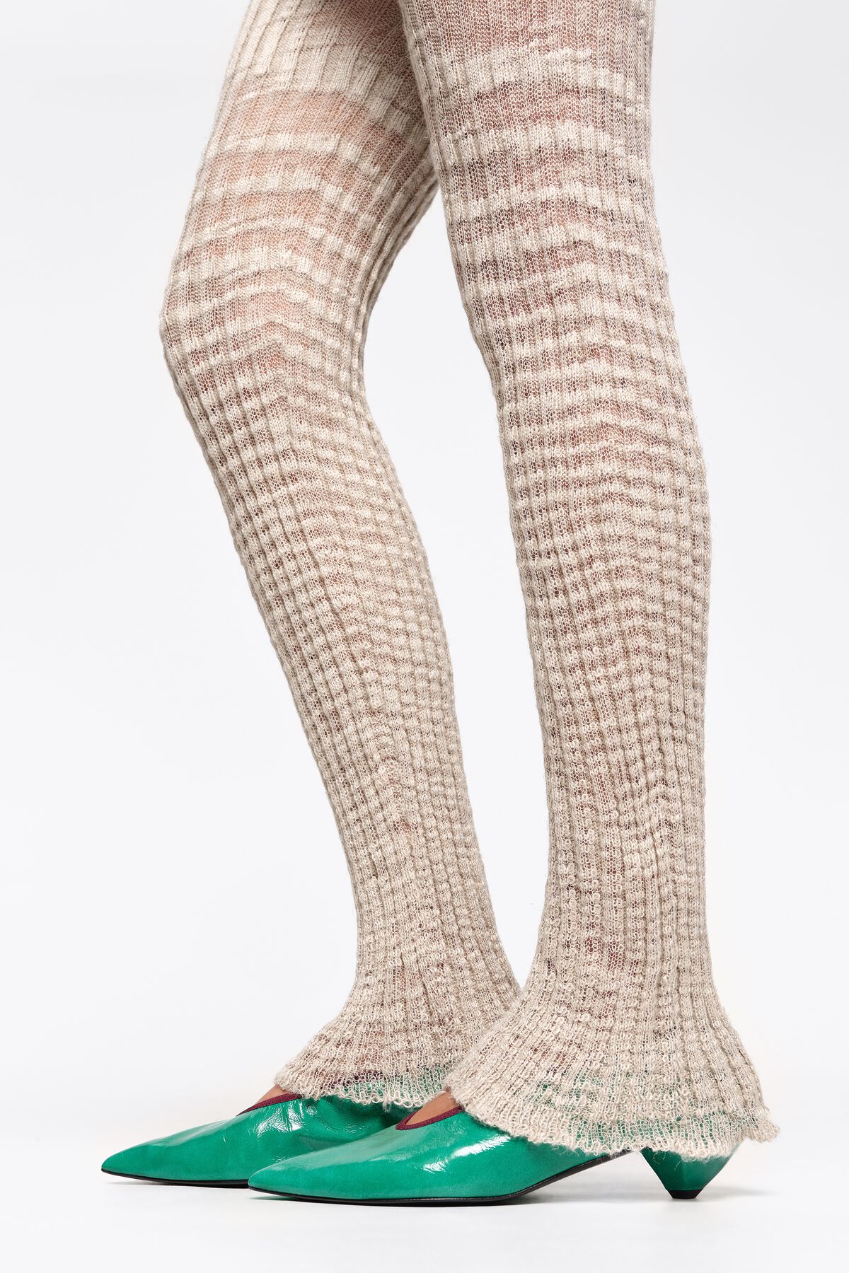 Green leather small heel court shoe