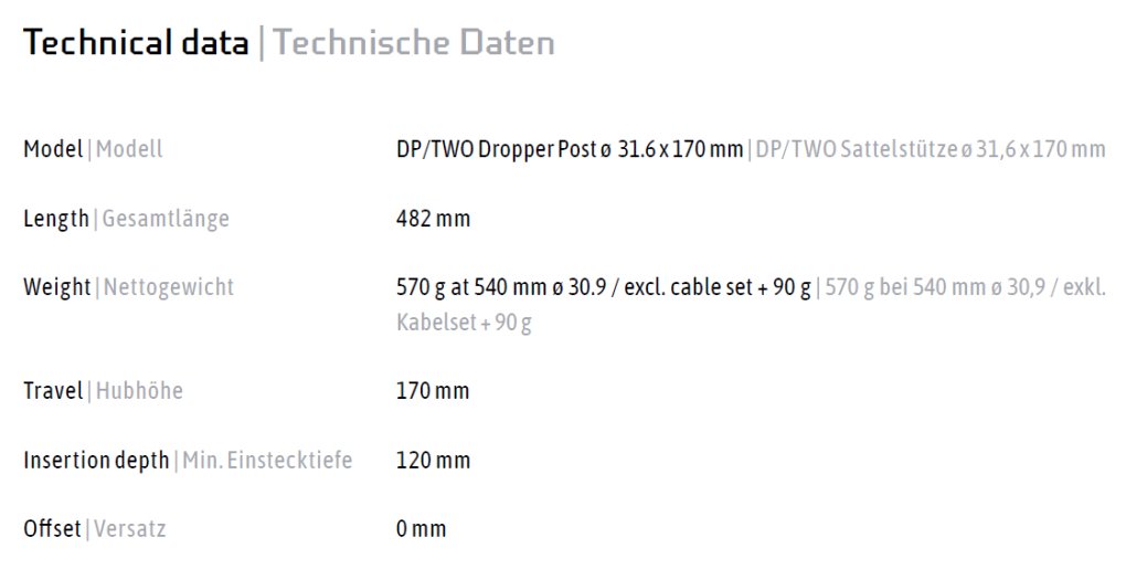 DXC DP/TWO Dropper Post - Ø 31.6 mm - Travel 170 mm