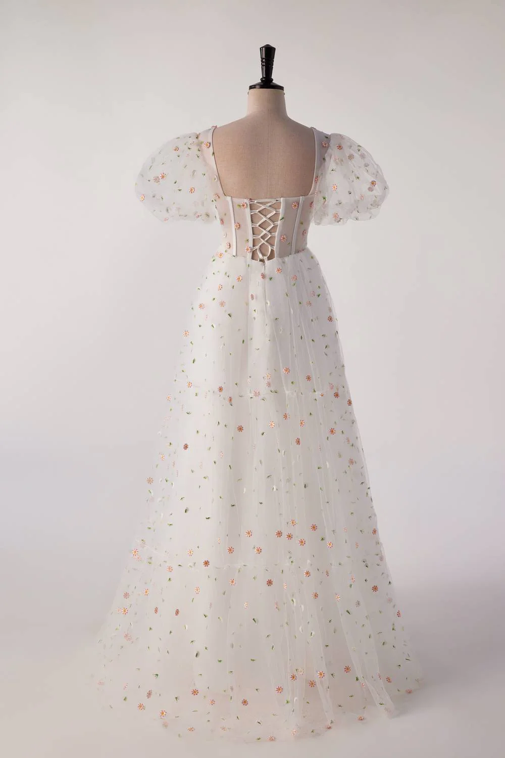 Short Sleeves White Floral Long Formal Gown