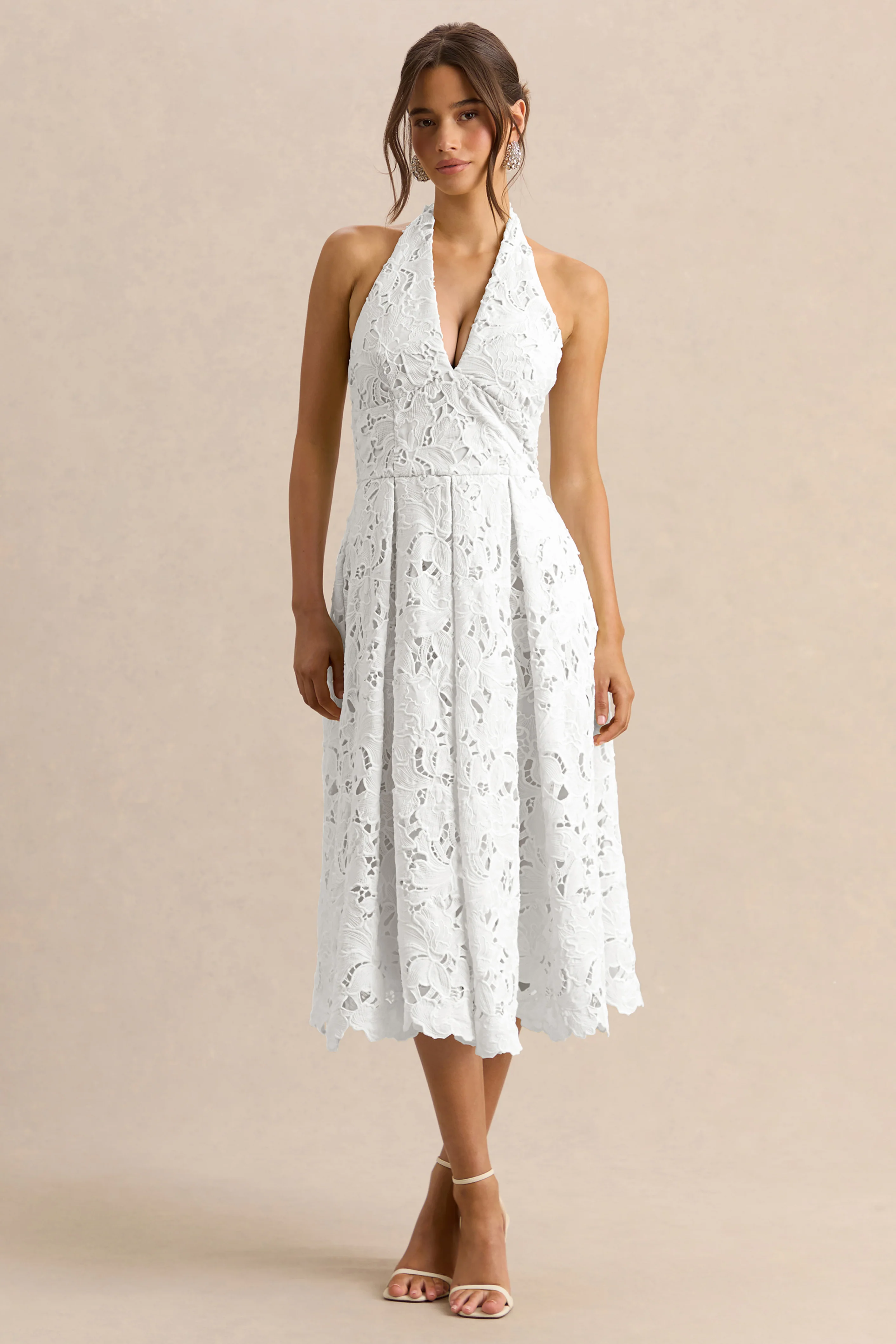 Maribel | White Lace Plunge-Neck Midi Dress