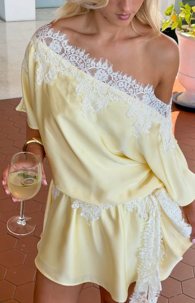 Otis Yellow Satin Lace Trim Party Mini Dress