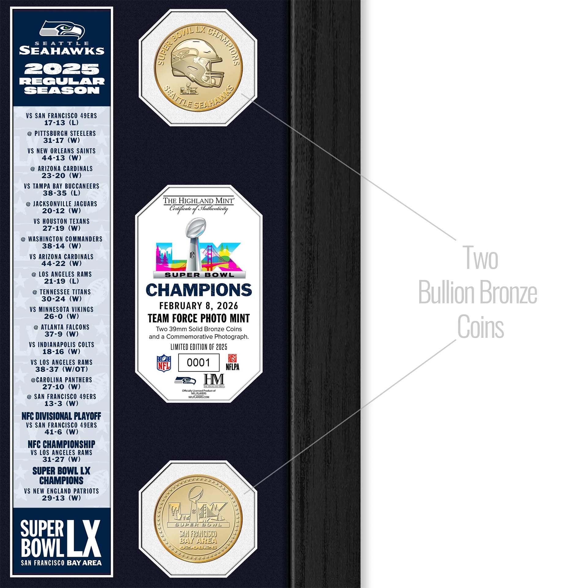 Seattle Seahawks Super Bowl LX Champions Banner Bronze Coins NFL Frame