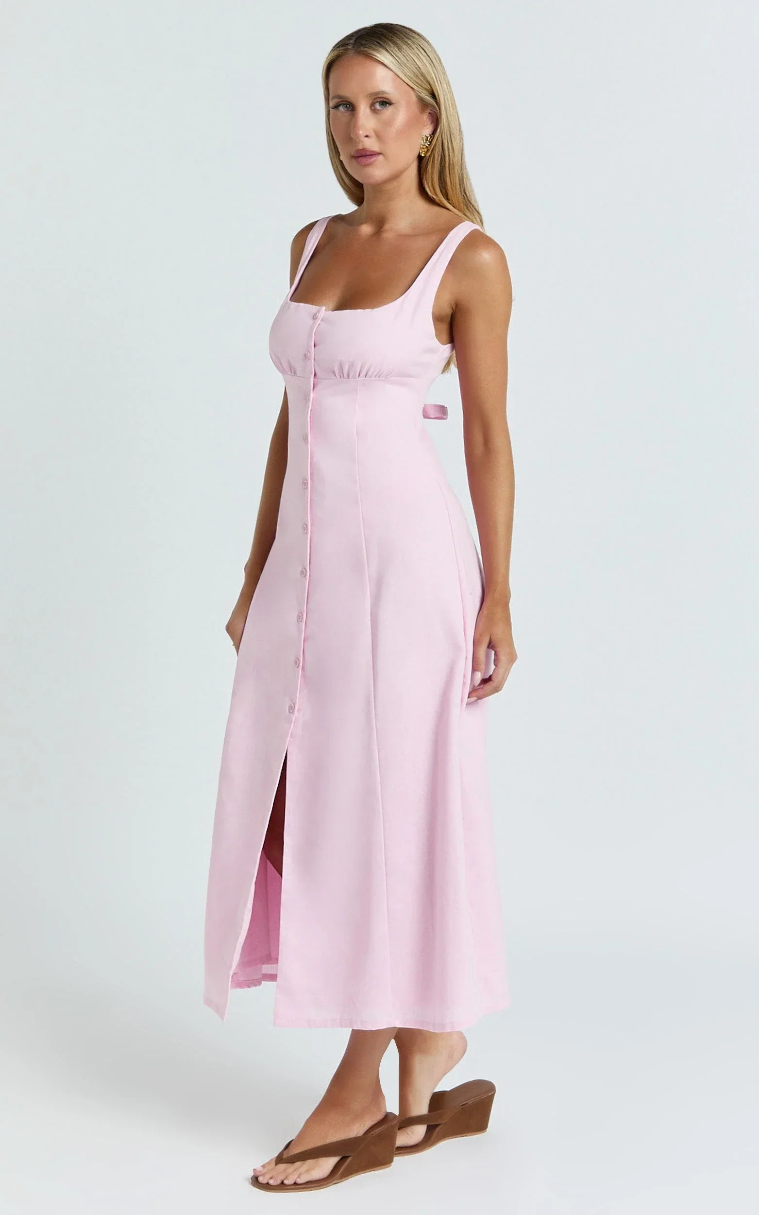 Cameron Midi Dress - Button Front Tie Back Dress in Pink