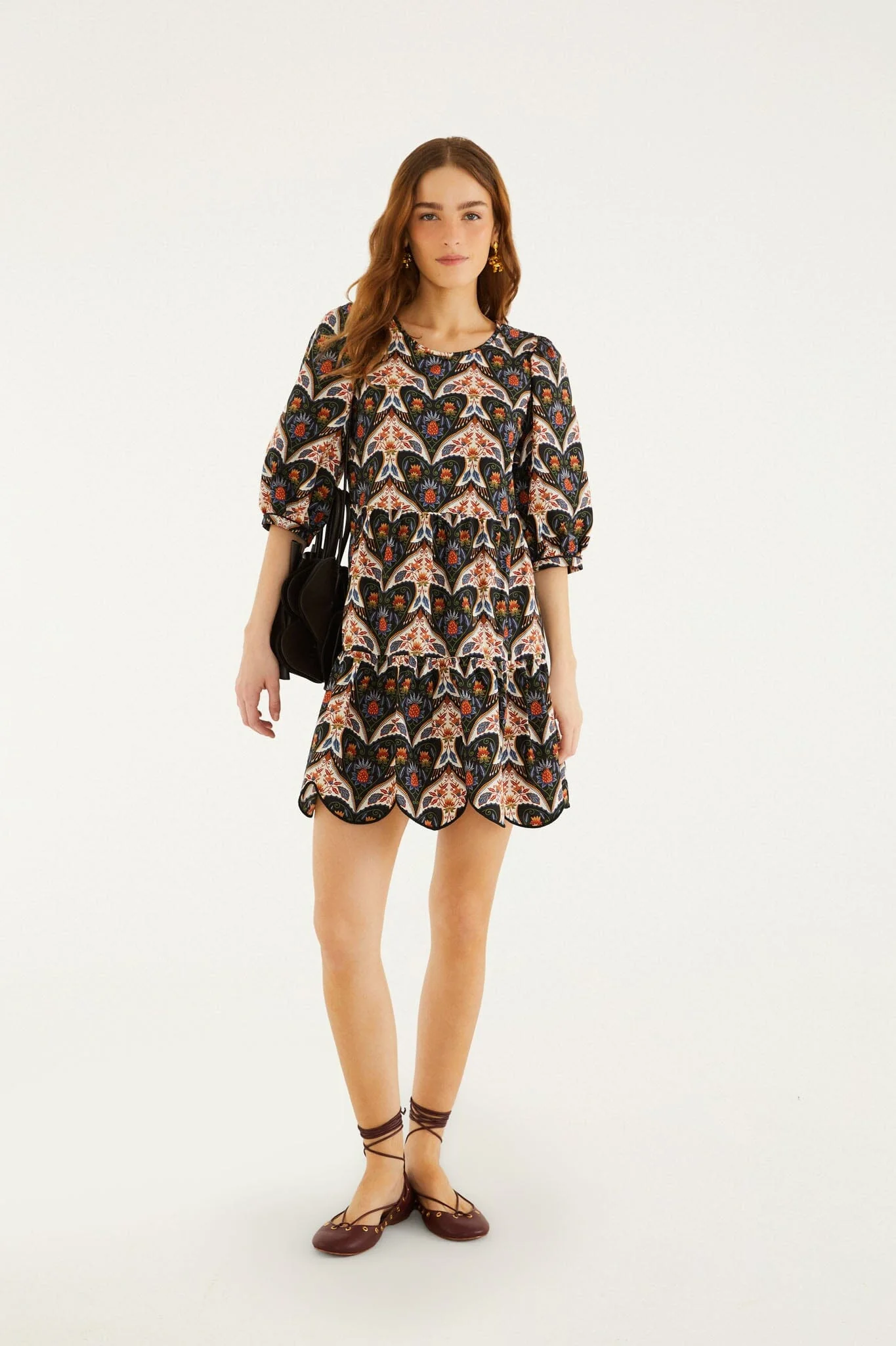 Black Porcelain Birds Puff Sleeve Mini Dress