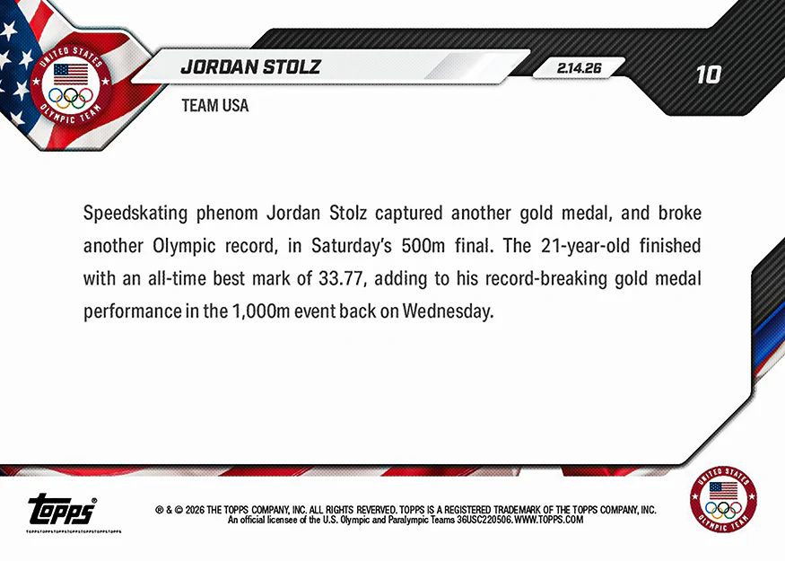 Jordan Stolz - 2026 Olympics Topps NOW® - Card 10 - PR: 1247