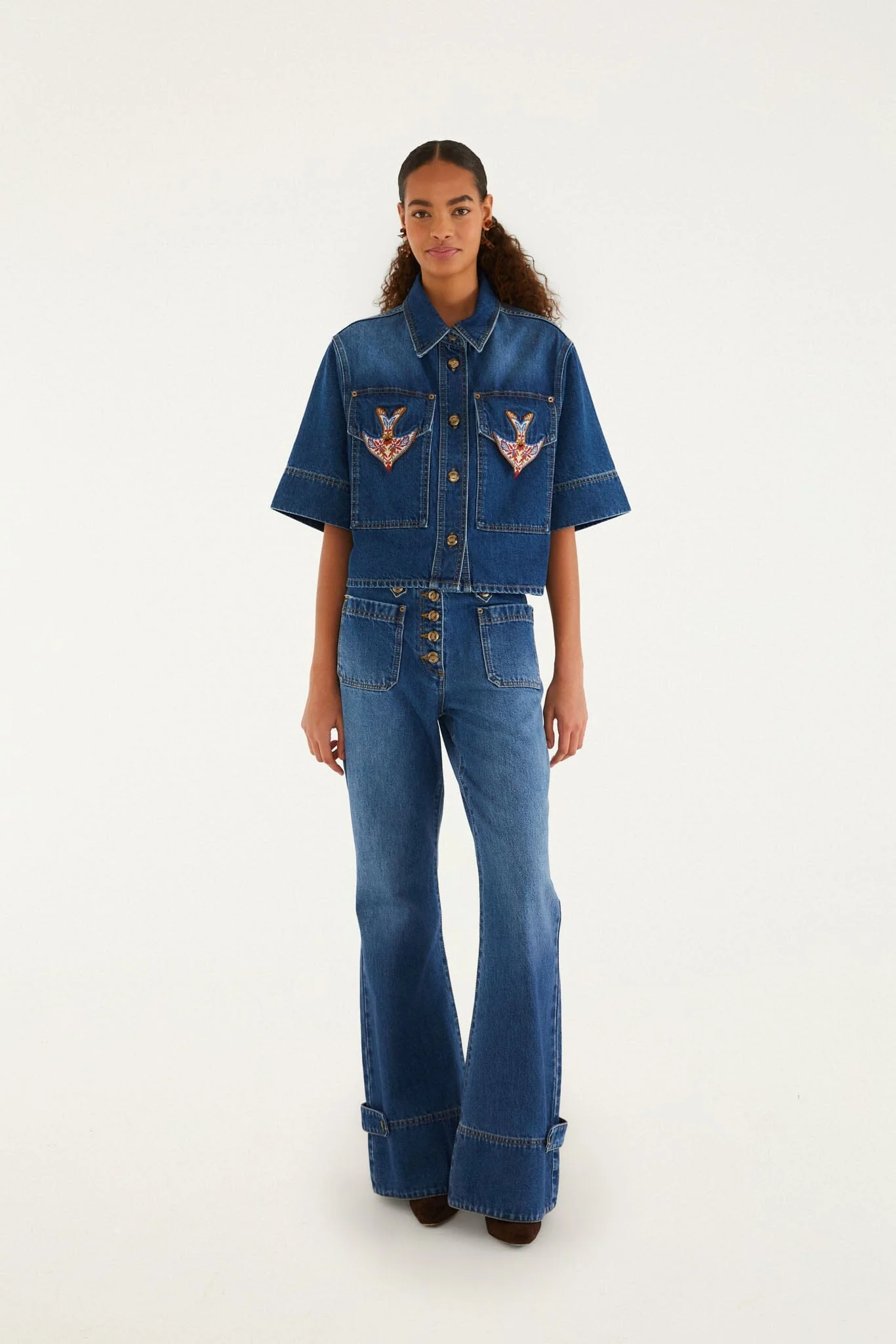Denim Porcelain Birds Pockets Flare Pants