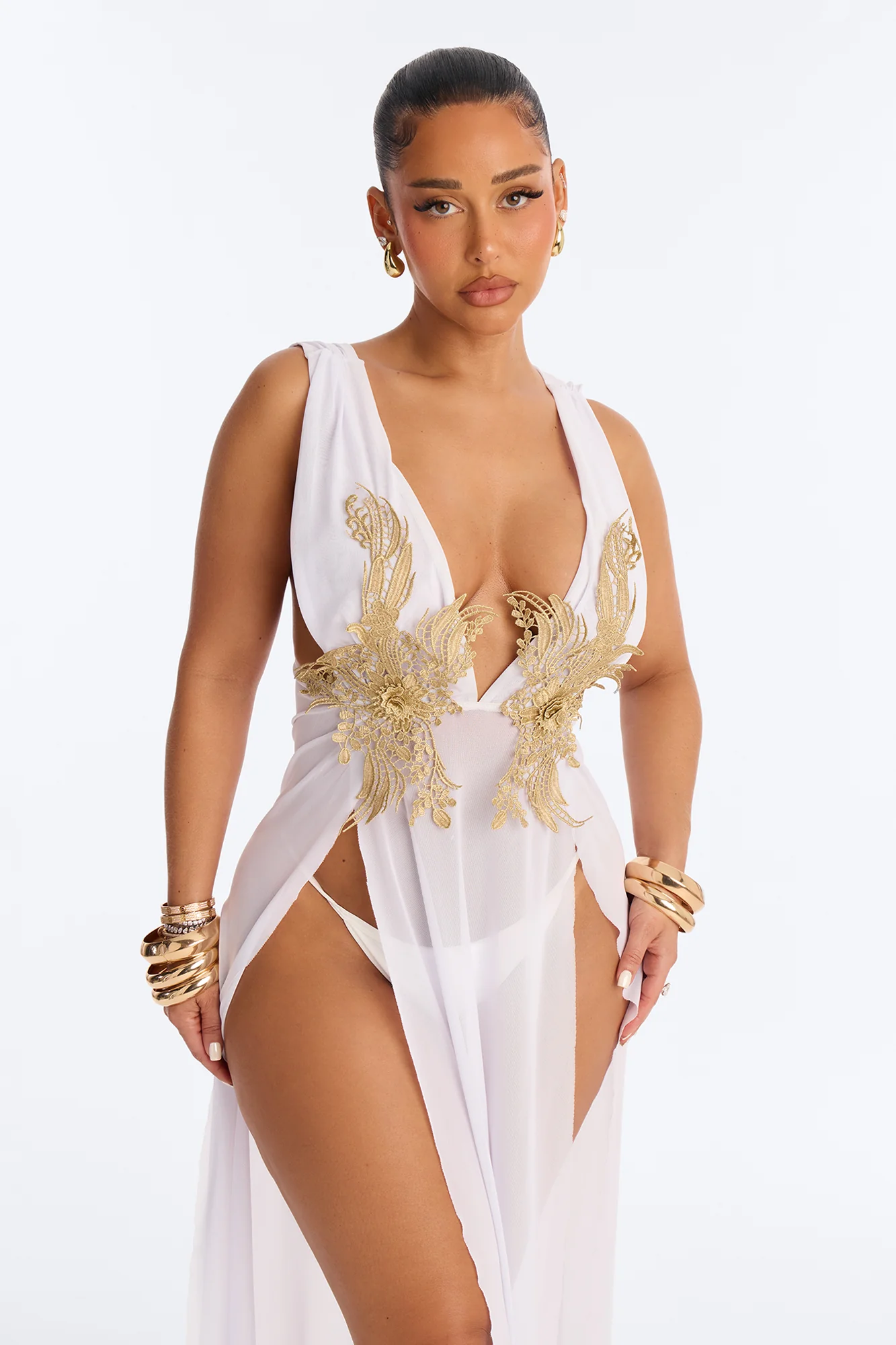 Leslie Applique High Slit Cover Up Dress - White