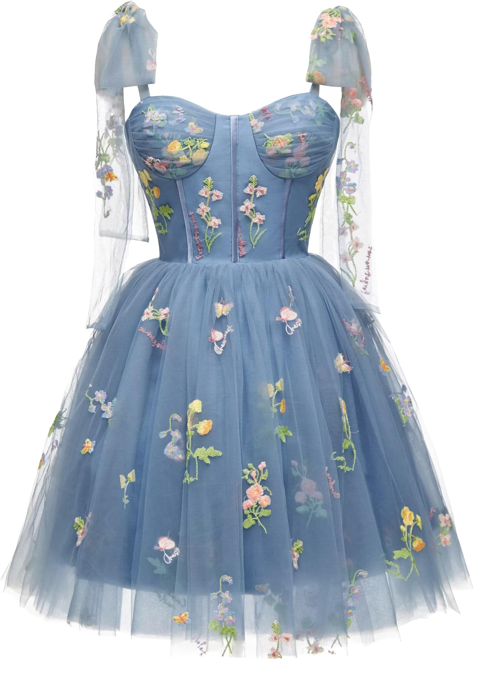Blue Floral Corset A-line Homecoming Dress with Tie Shoulders