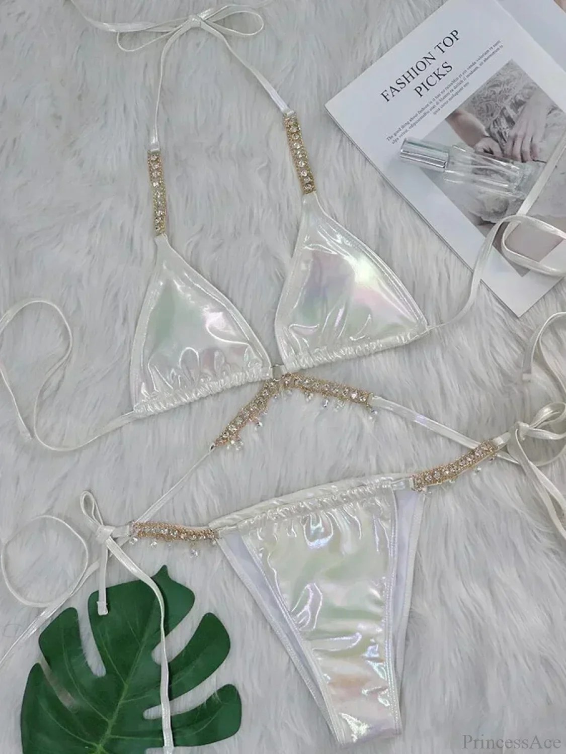 Shiny PU Leather Wrap Around Diamond Bikini Set