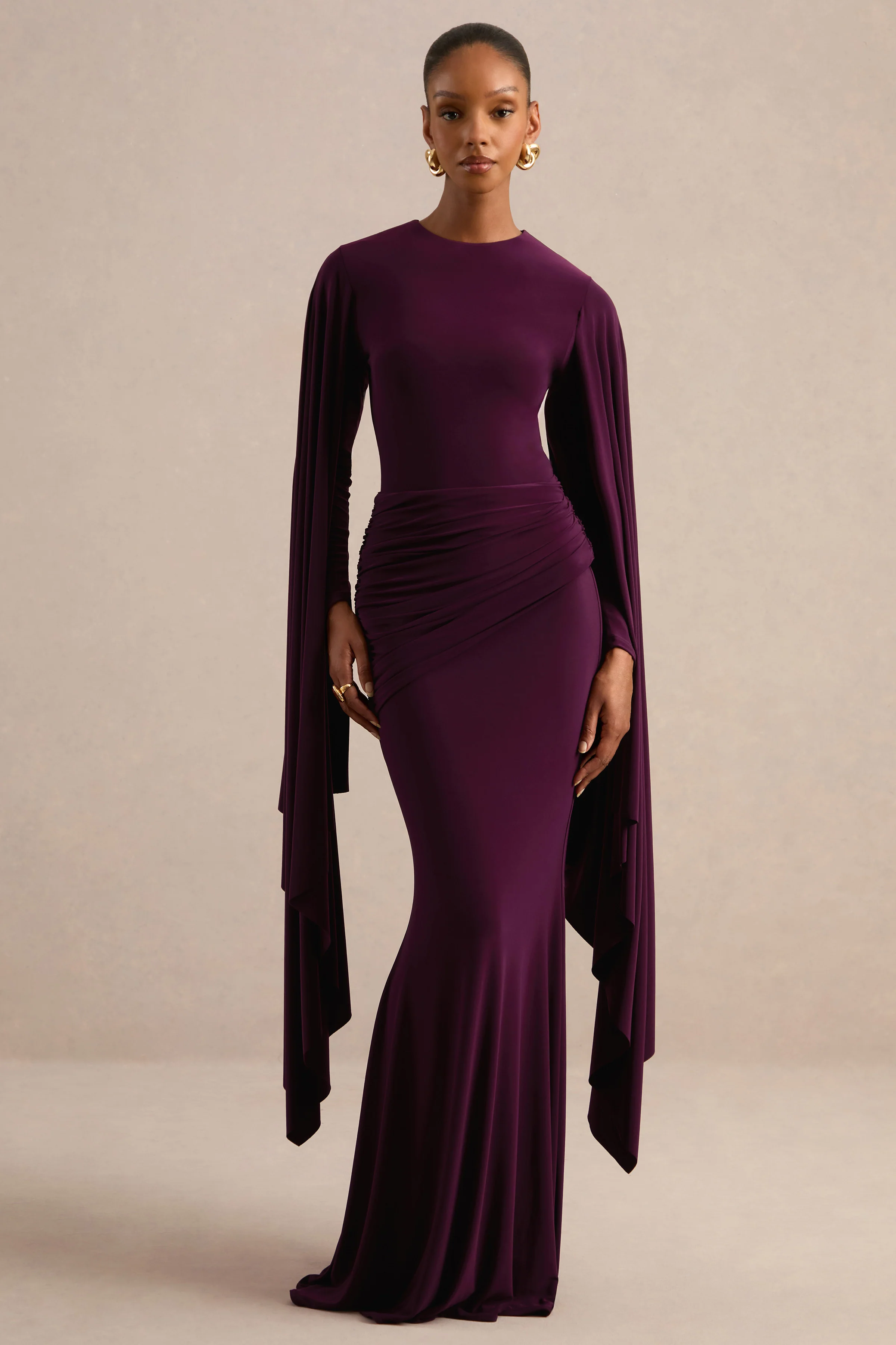 Sonaria | Purple Jersey Round Neck Long Sleeve Maxi Dress With Cape Sleeves And Draped Detailing