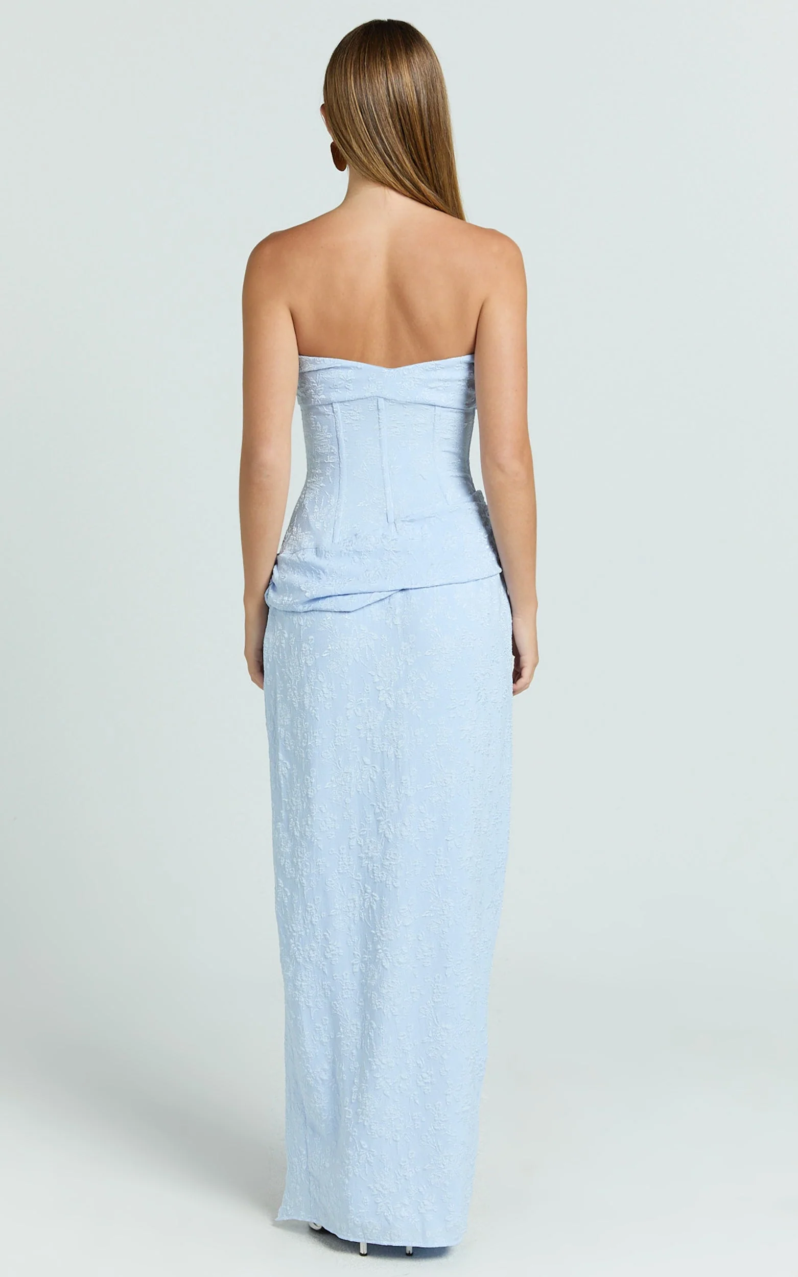 Berri Maxi Dress - Strapless Jacquard High Split Dress in Blue