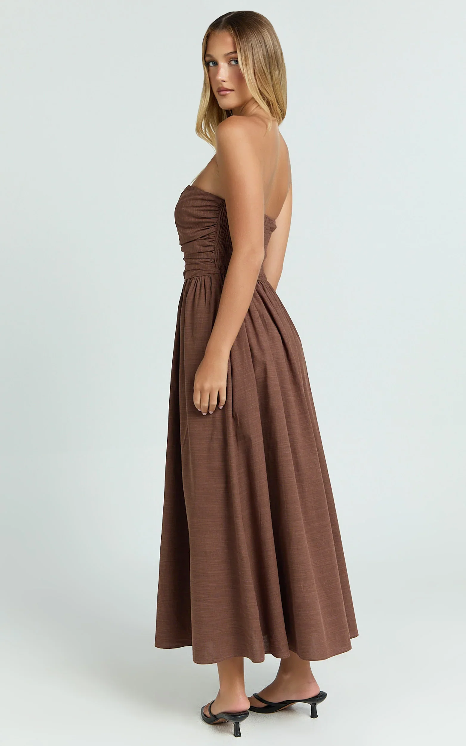 Polly Midi Dress - Strapless Ruched Dress in Chocolate