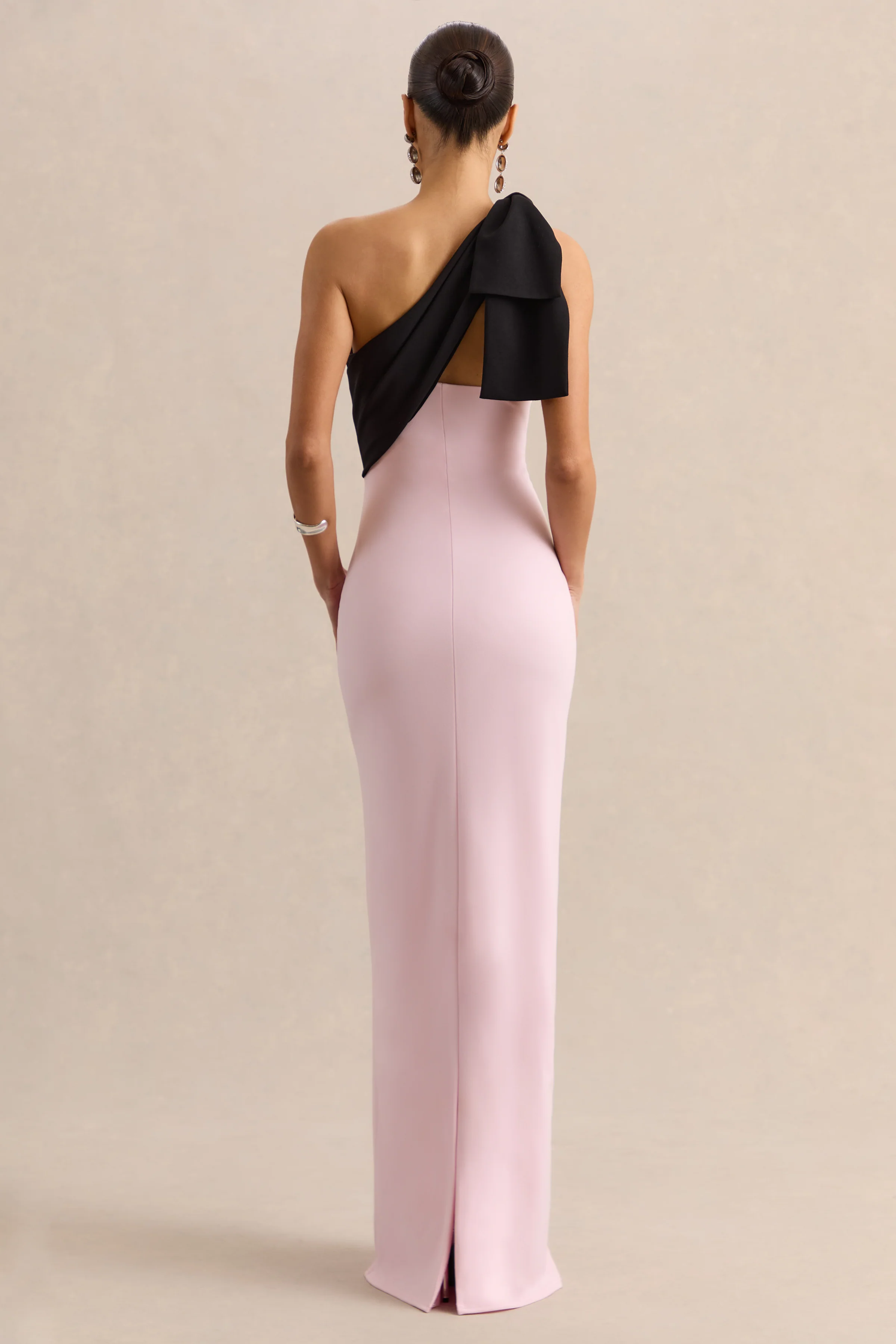Adara | Pink & Black One Shoulder Maxi Dress With Back Split and Bow Detail