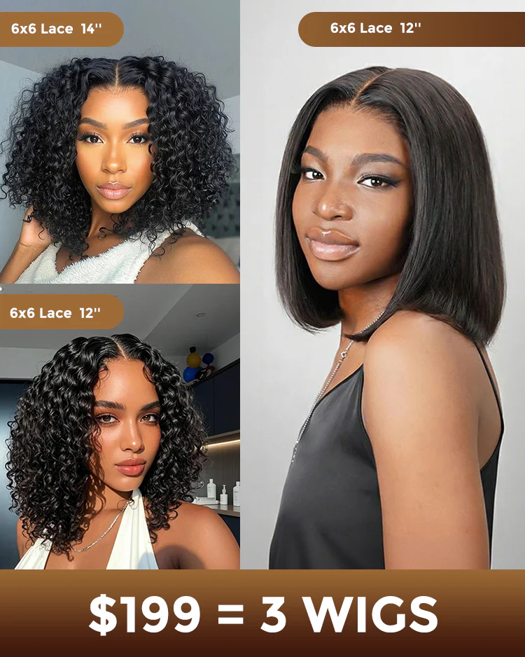 $356 = 3 WIGS | 6x6 Lace Natural Black  Wig | 14inch Jerry Curly Plus 12inch Jerry Curly Plus 12inch Straight