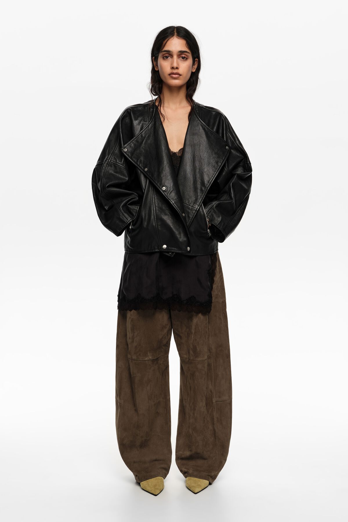 Black leather double-breasted jacket