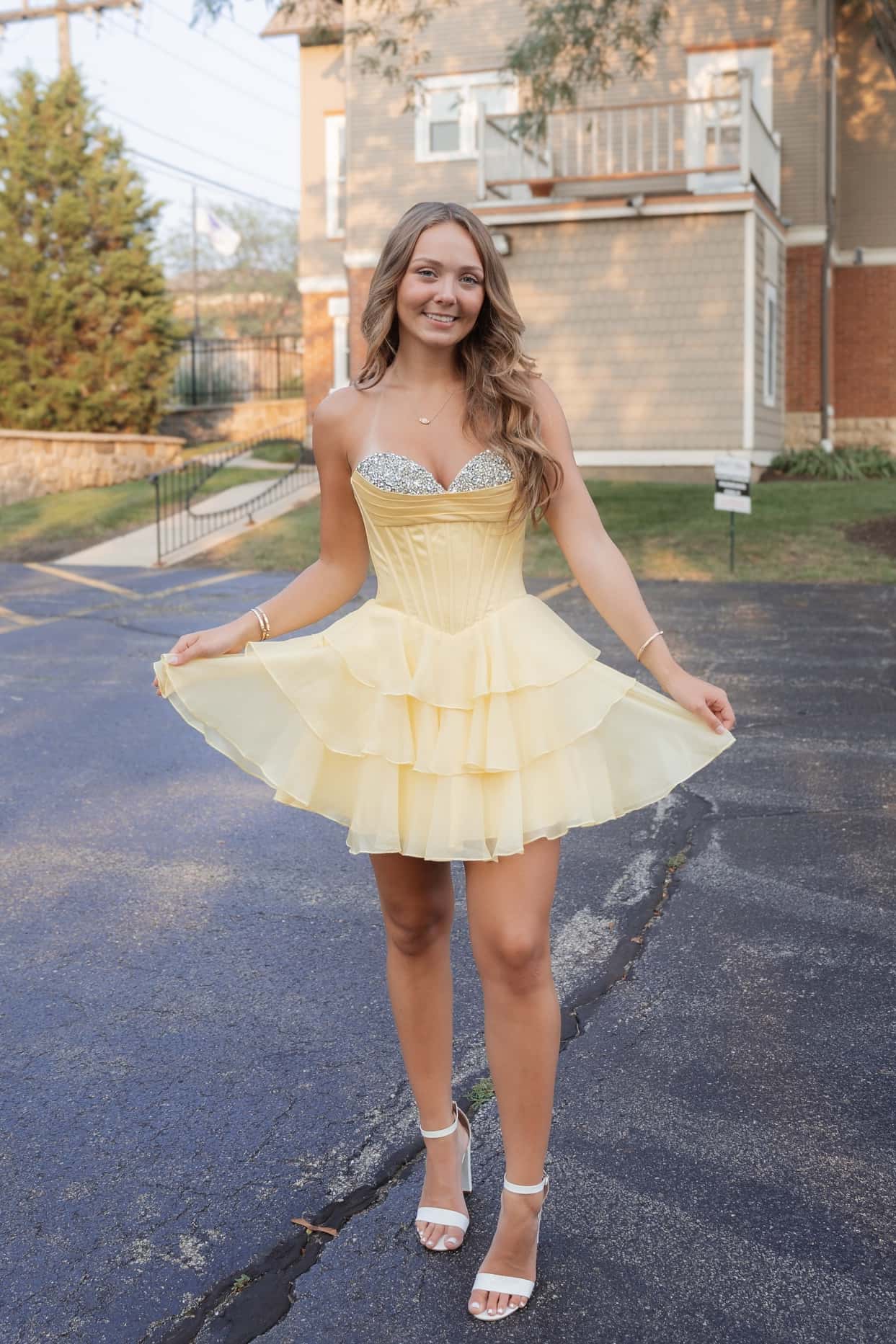 Beaded Neck Yellow Tiered A-line Short Dress