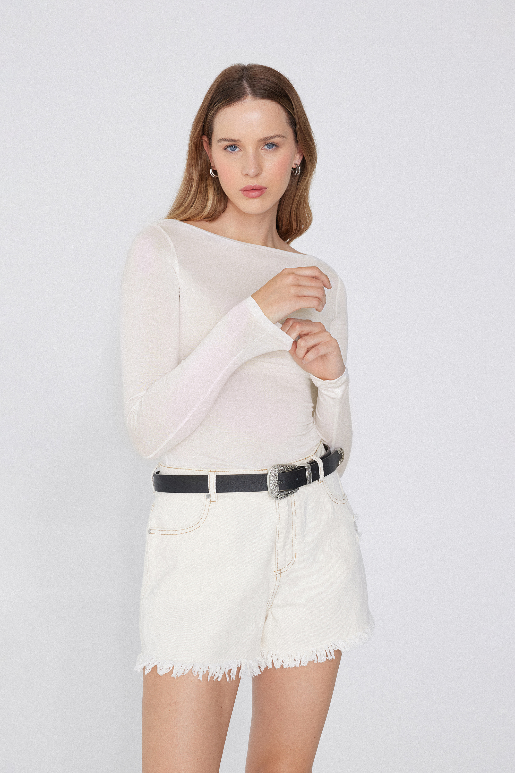 Long-Sleeved Viscose Top with Boat Neck