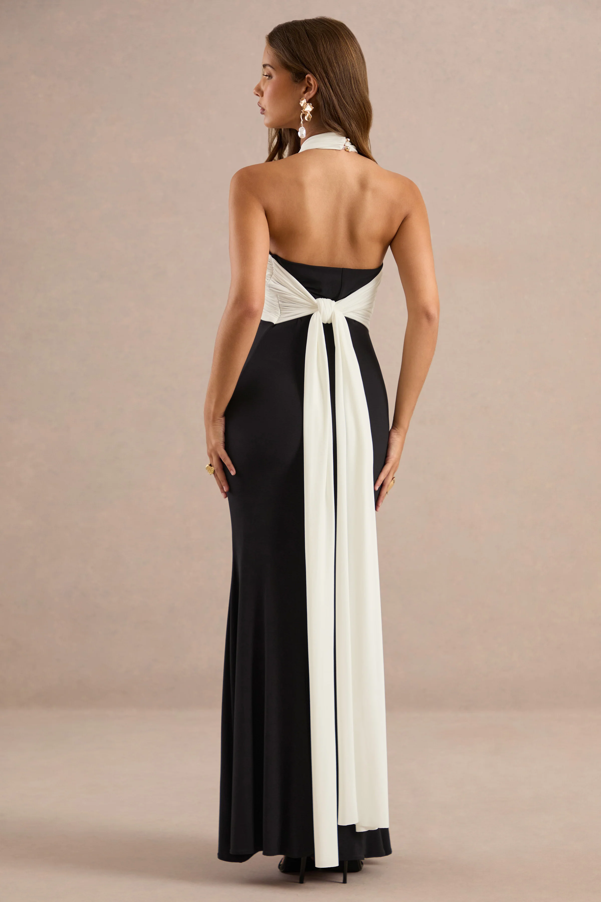 Eugenie | Monochrome Jersey Ruched Wrap Halter Neck Maxi Dress With Tie Back Sash