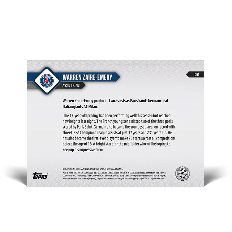 Topps UK - Warren Zaire-Emery - Assist King - UCL TOPPS NOW® Card #51