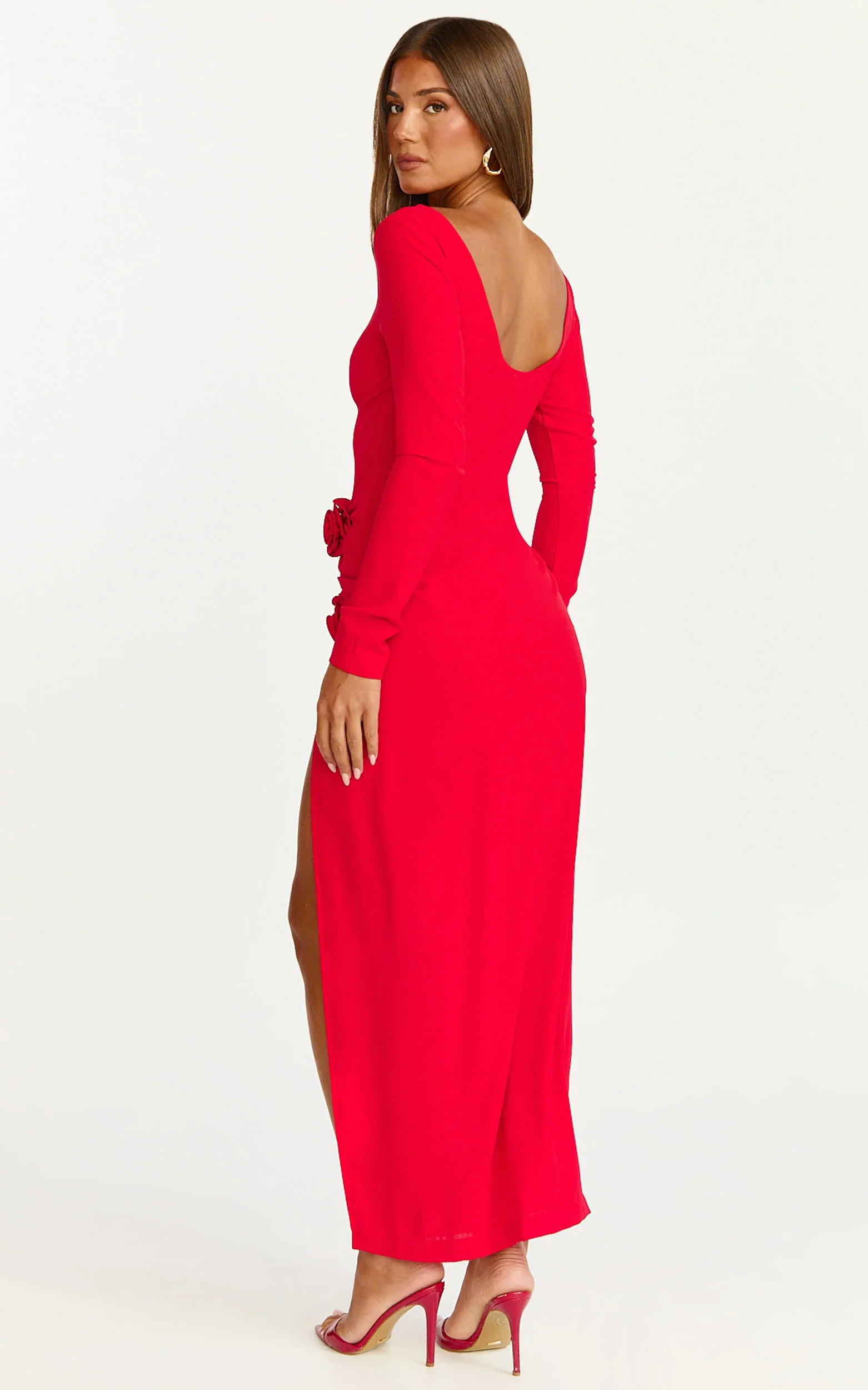 Vivienne Maxi Dress - Boat Neck Long Sleeve Rosette Detail Dress in Red