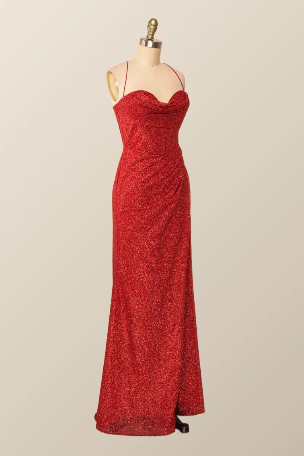 Fitted Red Cowl Neck Long Party Dress with Slit