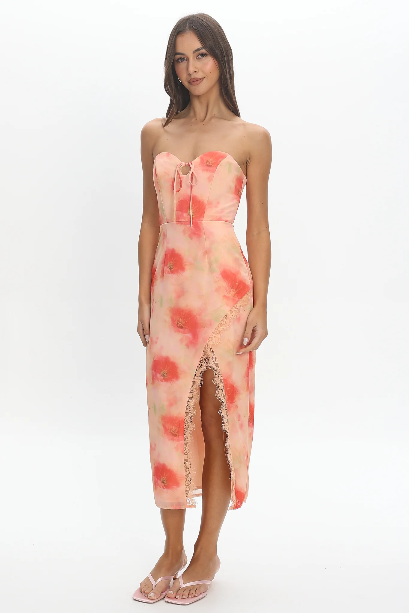 Sunny Ave Sweetheart Neckline Midi Dress Floral Red