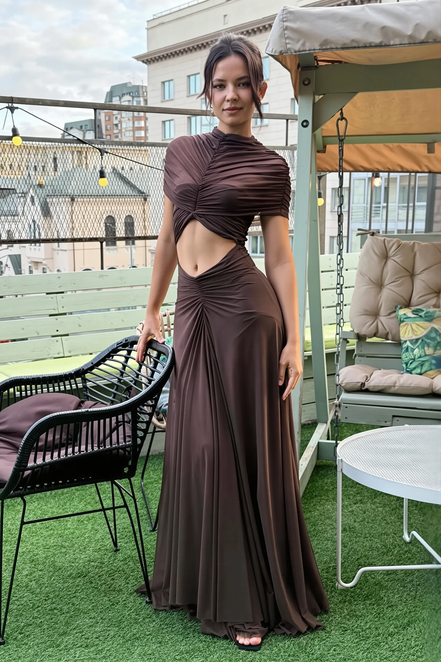 Elegant Chic Solid Mock Neck Cape Sleeve Ruched Maxi Dress