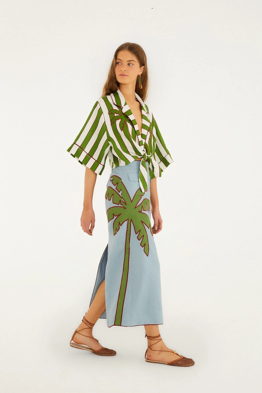 Blue Embroidered Palm Tree Maxi Skirt