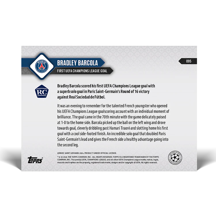 Topps UK - Bradley Barcola - First UEFA Champions League goal - UCL TOPPS NOW® Card #95