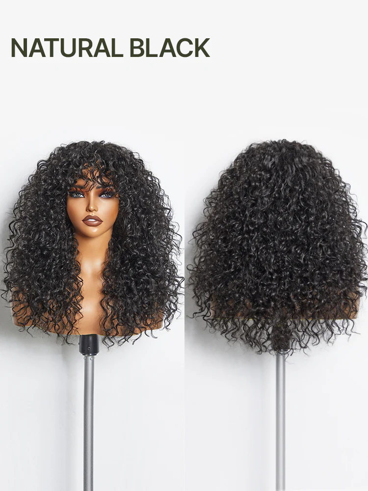 Ophirawig Veralux Put on and Go Boho Curly Blend Human Hair Wig with Bangs Effortless Shaggy Waves