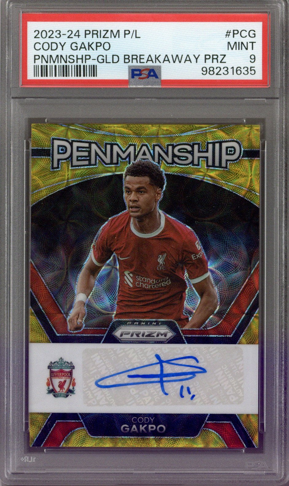 2023-24 Panini Prizm Cody Gakpo Gold Breakaway Penmanship Auto 1/10 PSA 9