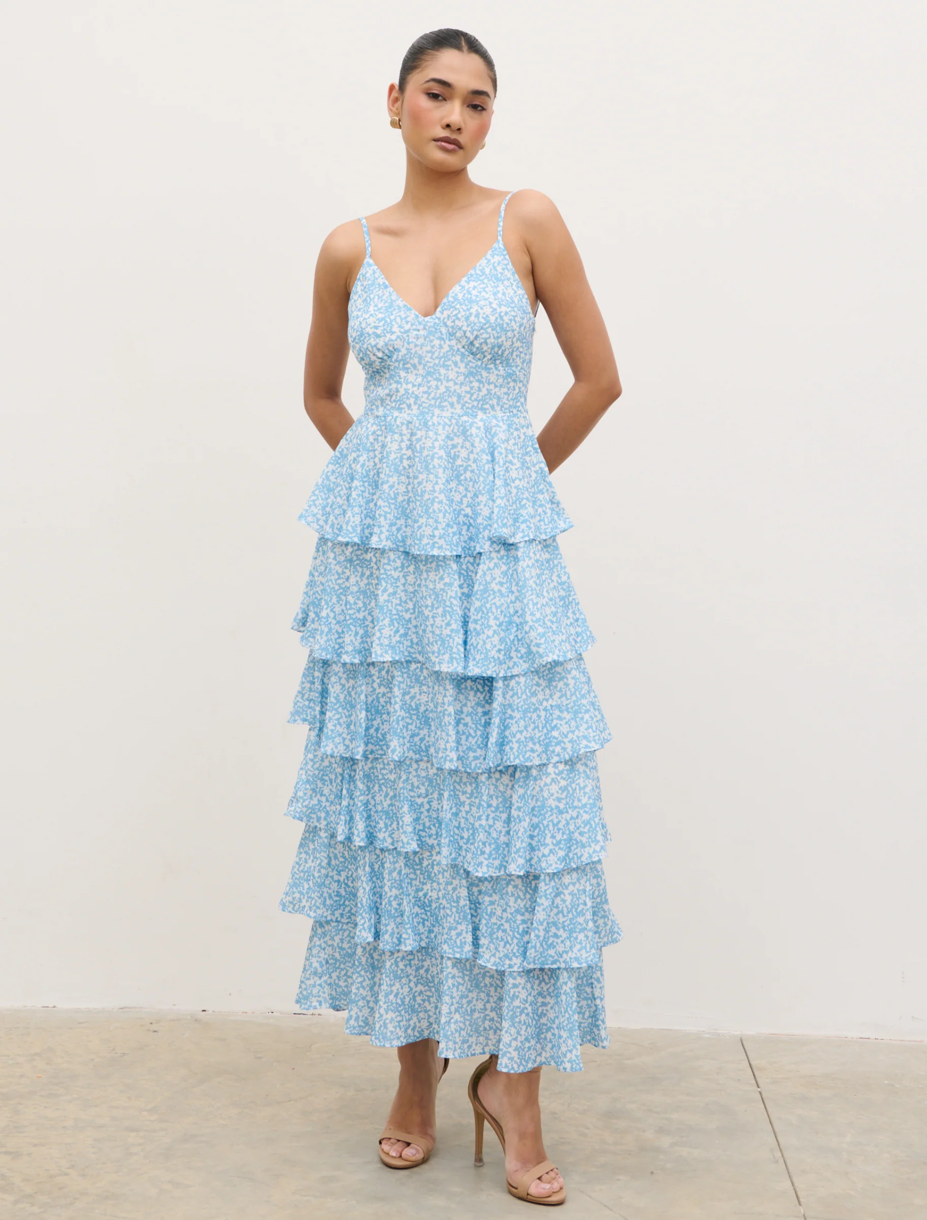 Lissy Ruffle Midaxi Dress - Blue Abstract