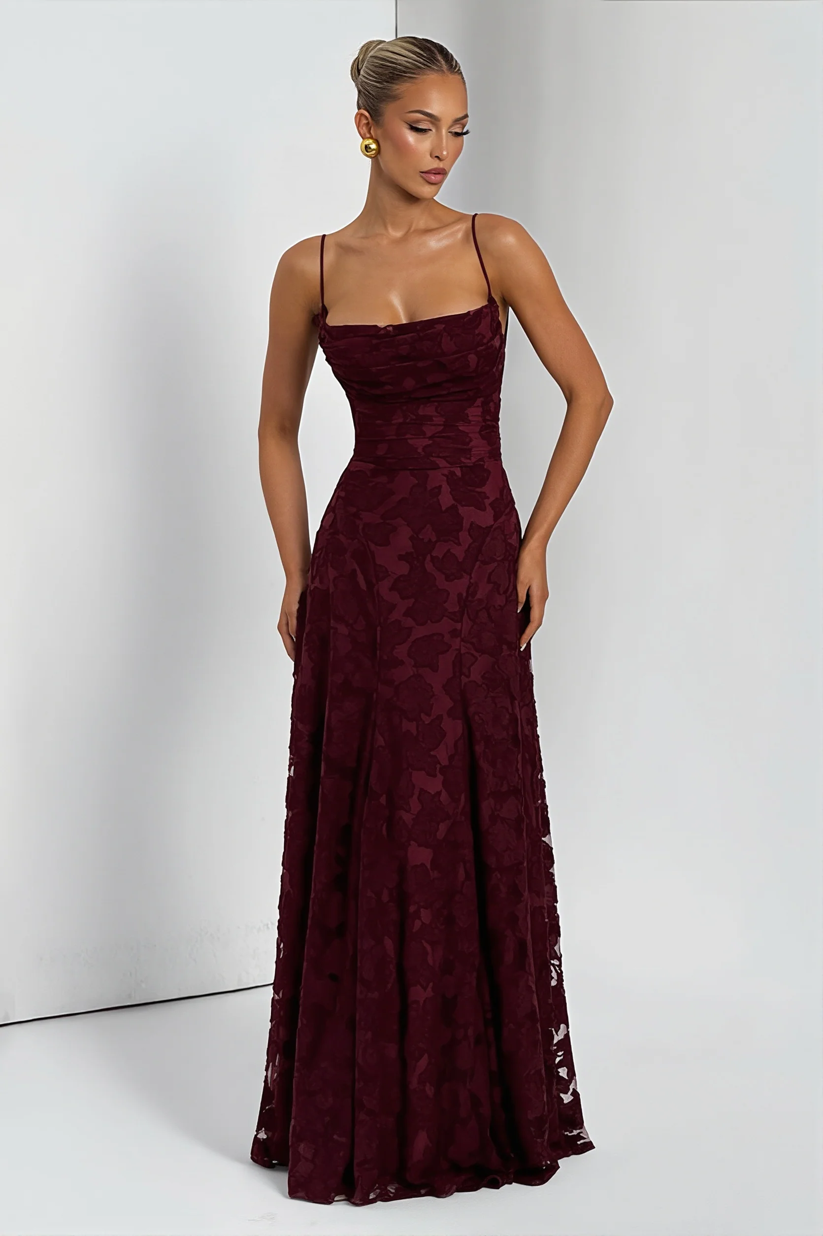 Chiffon Jacquard Backless Cami Maxi Dress