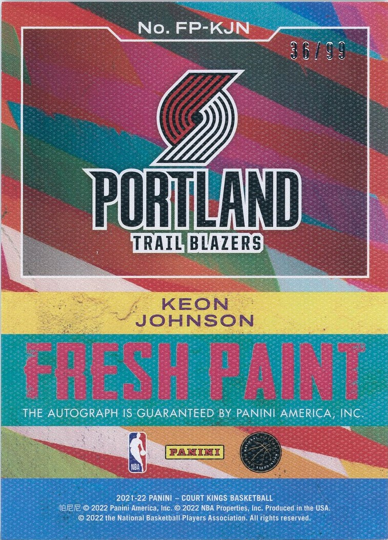 2021/22 Panini Basketball Court Kings #fp-kjn Keon Johnson 39/99 Auto Card