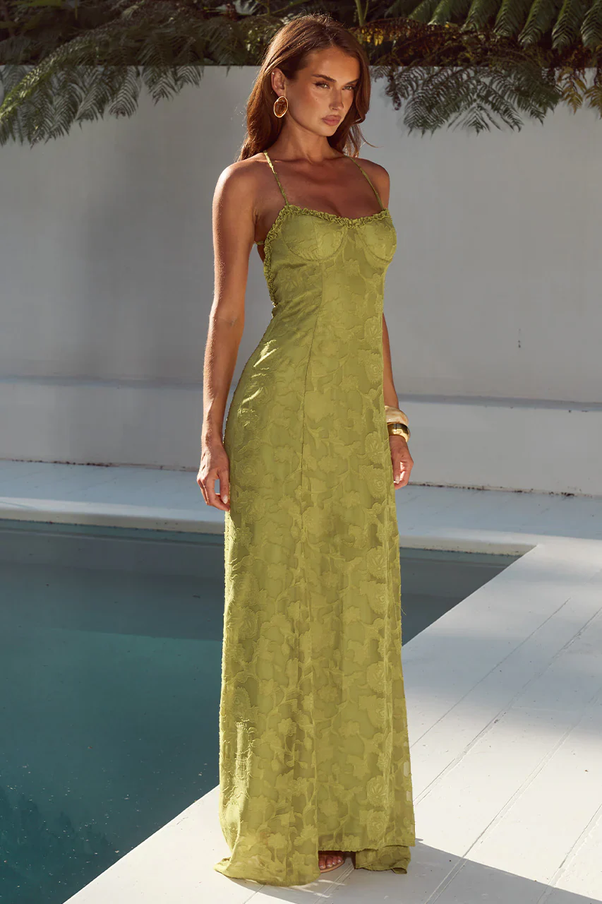 ELLERBY FRILL TRIM MAXI DRESS - OLIVE