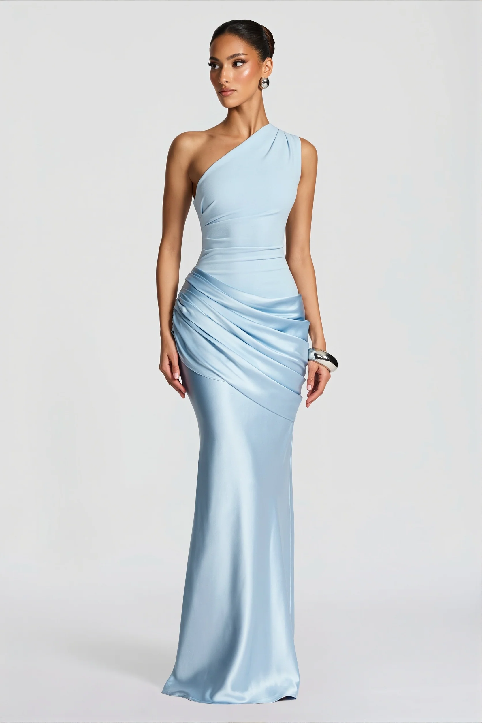 Satin Splice Ruched Slim Maxi Dress