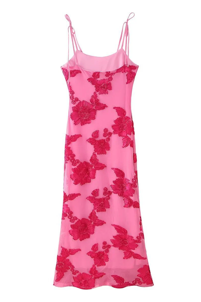 Straps Hot Pink Floral Fitted Long Dress