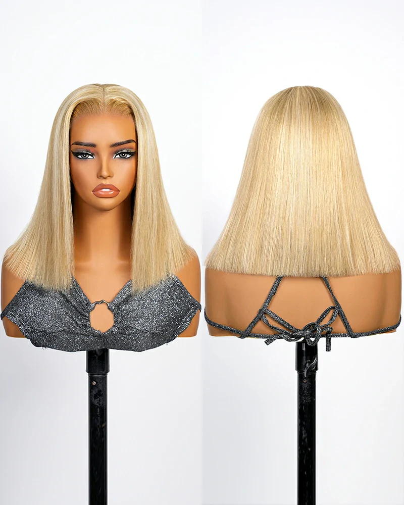 Ophirawig 6x5 Invisible Knots Glueless Blonde Khaki Highlight Straight Bob Wig Pre-cut Lace Beginner Friendly