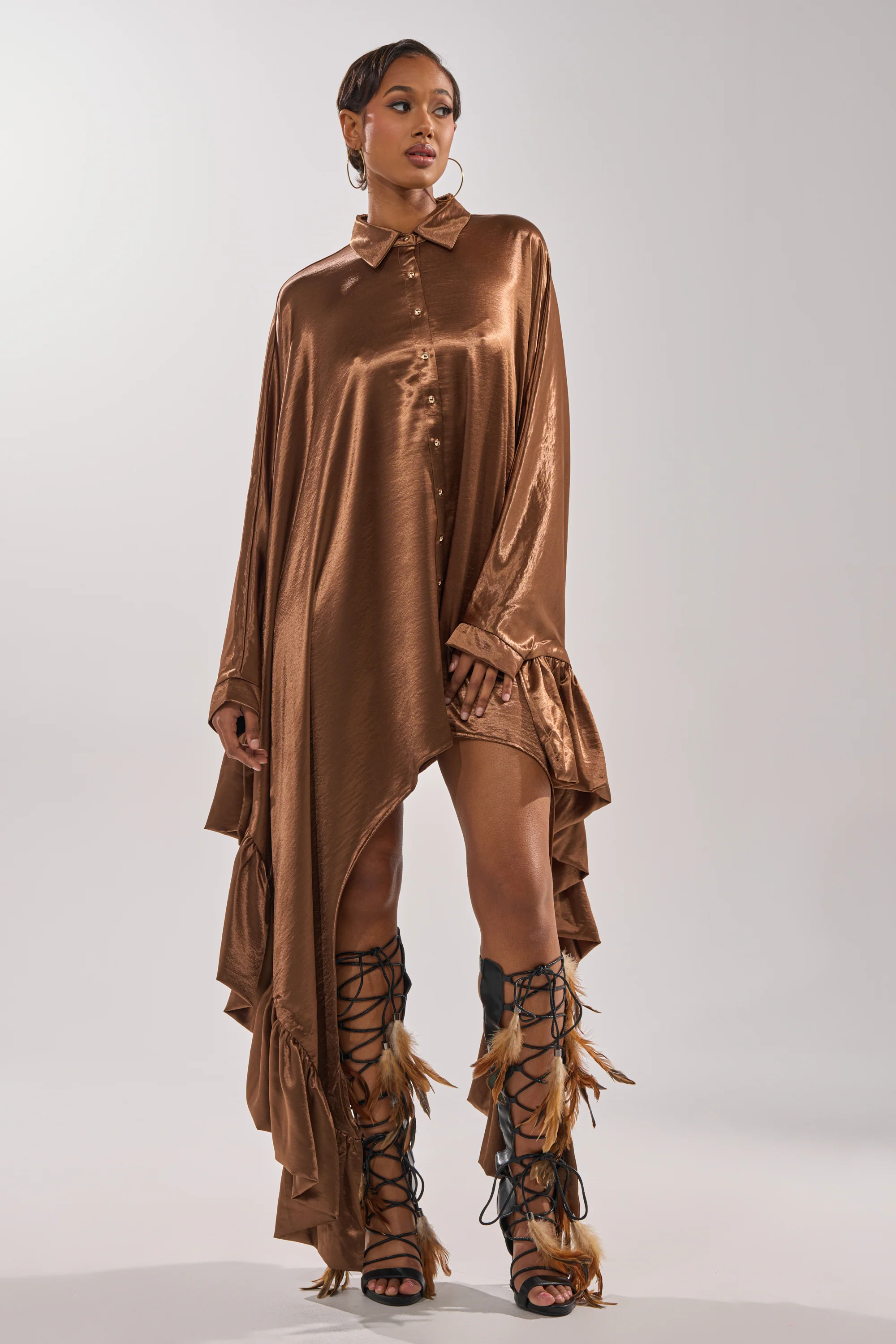 Wonderlust Satin Long Sleeve Mini Dress In Brown