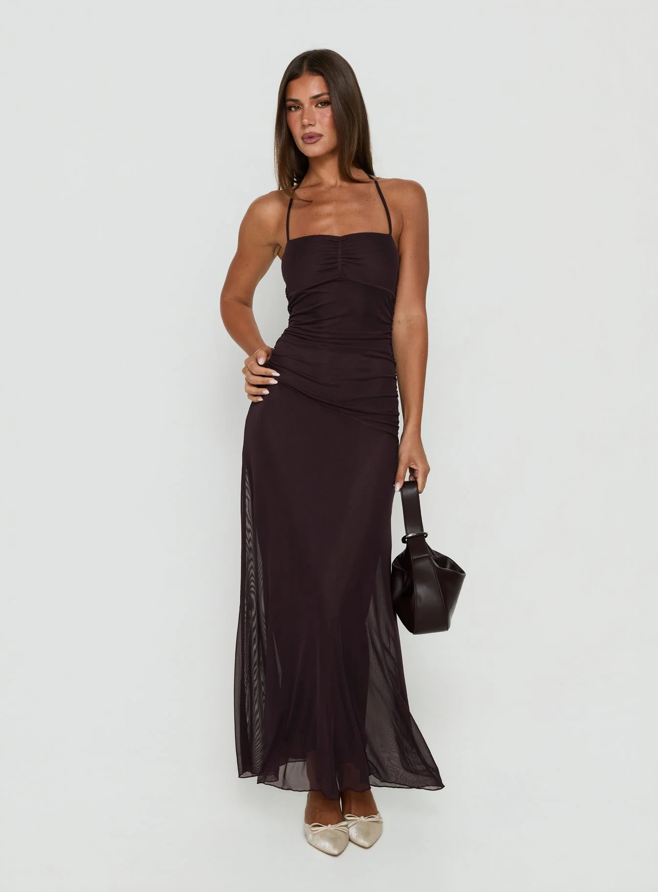 Adriannah Halter Ruched Maxi Dress Plum