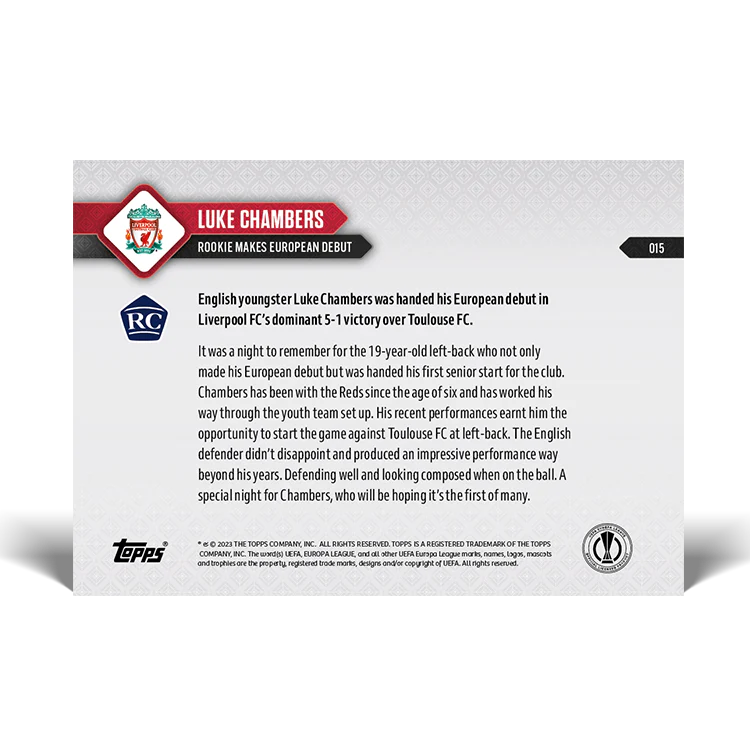 Topps UK - Luke Chambers - Rookie makes European debut - UEL TOPPS NOW® Card #15
