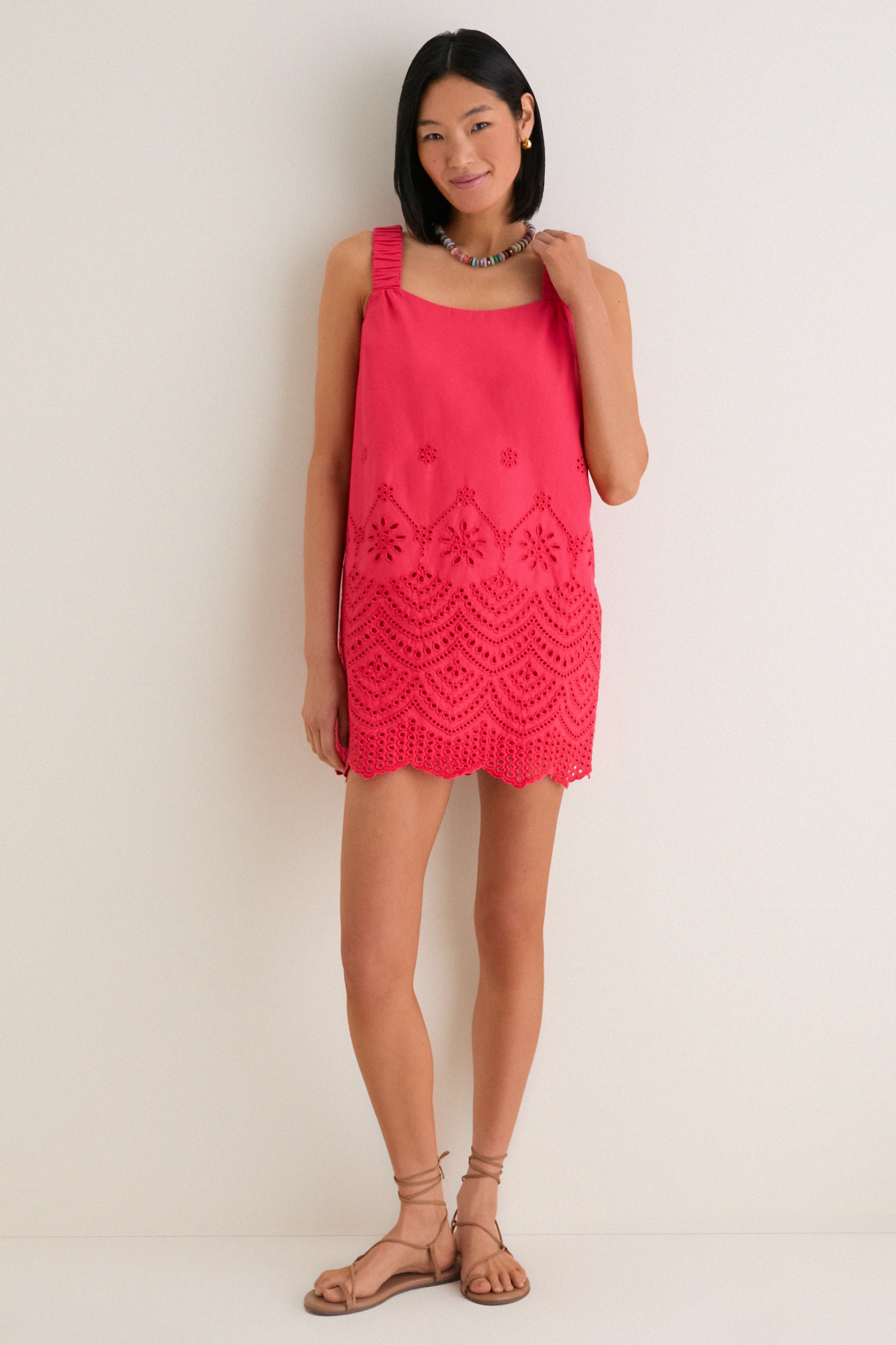 Red Kallie Linen Blend Embroidered Mini Dress