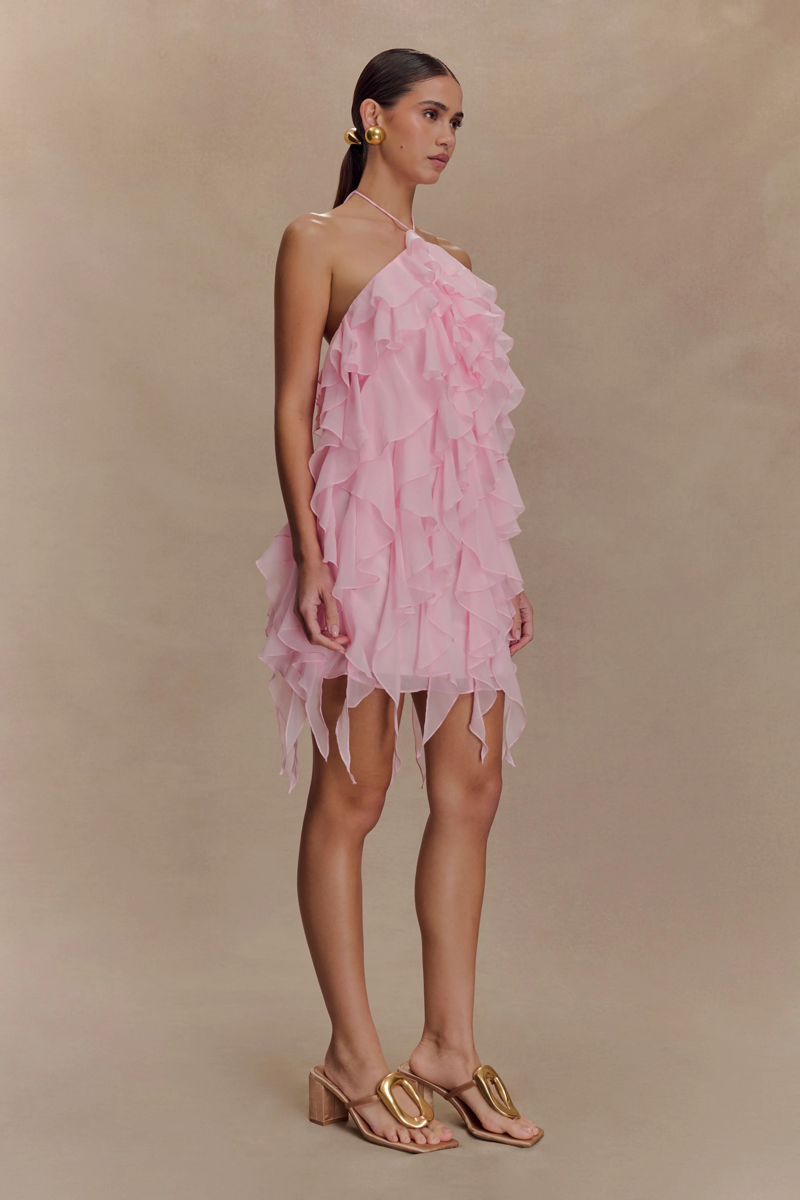 Marigold Ruffle Halter Mini Dress - Powder Pink