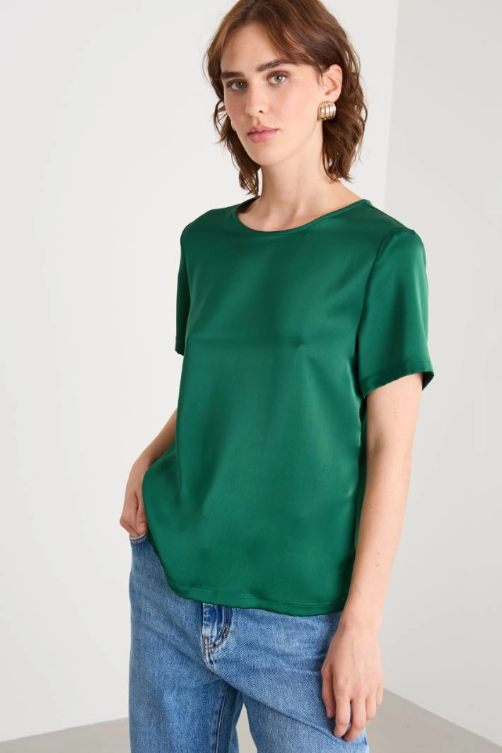 Bi-material top in satin and jersey - GREEN