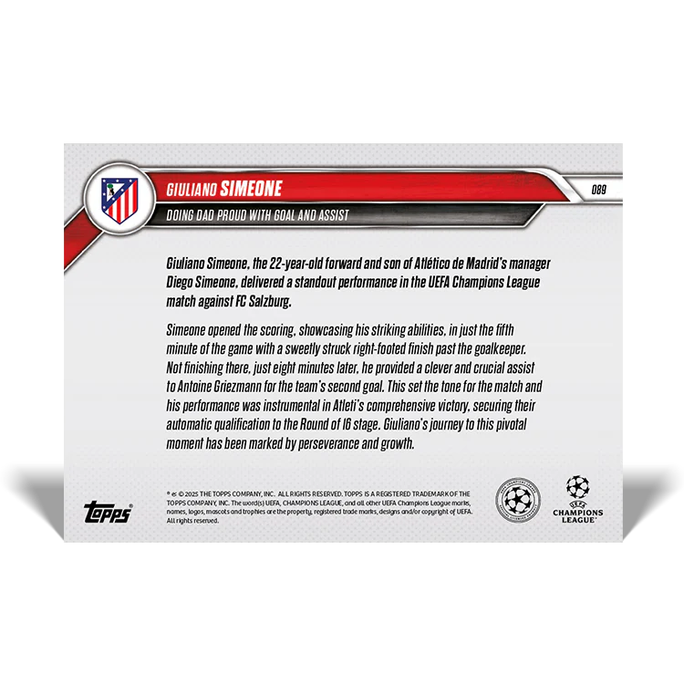 Giuliano Simeone - Doing Dad proud with goal and assist - 24/25 UCL Topps NOW® Card 89