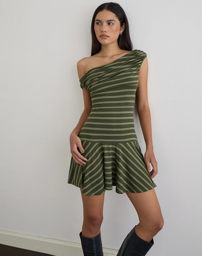 Mausari Mini Dress in Wide Stripe Green