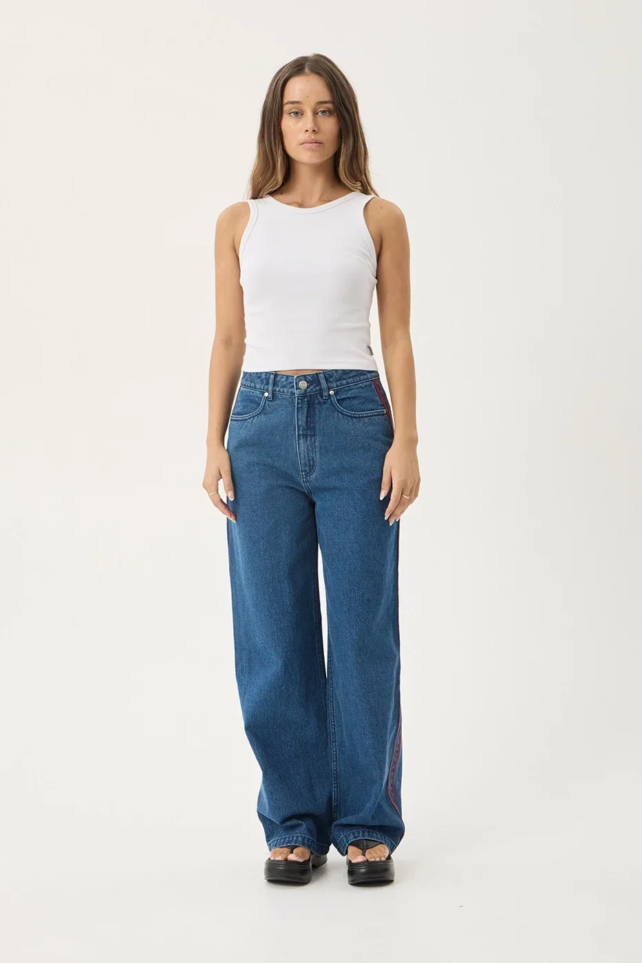 AFENDS Womens Bella Stripe - Denim Wide Leg Jean - Authentic Blue