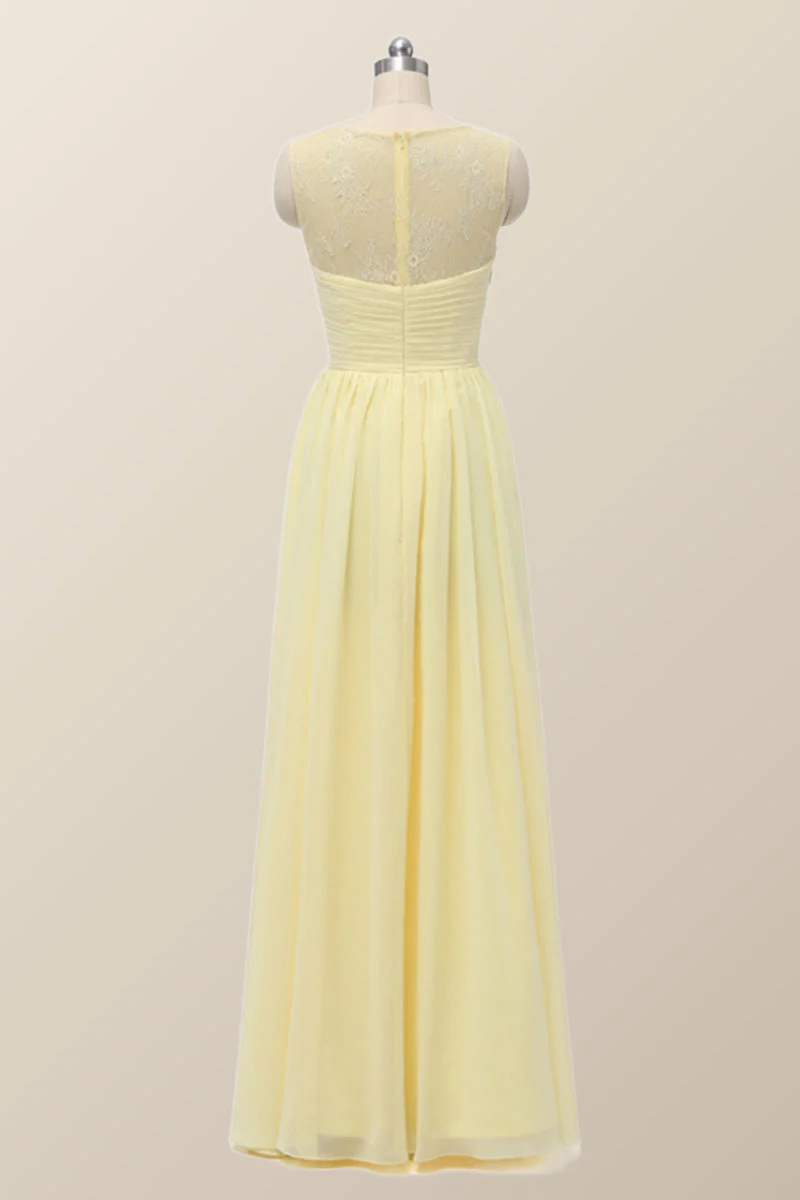 Scoop Yellow Chiffon Pleated Long Bridesmaid Dress