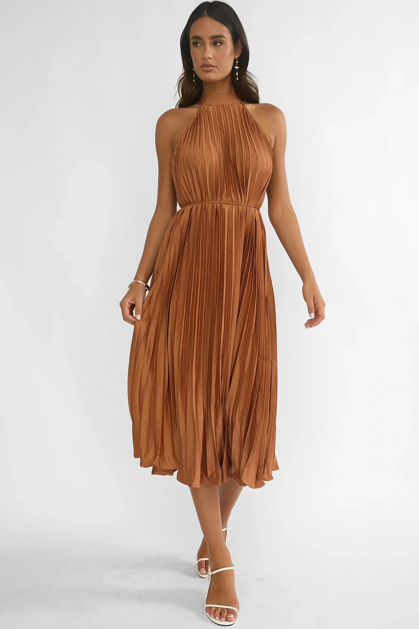 Sharaya Accordion Pleat Midi Dress Mocha