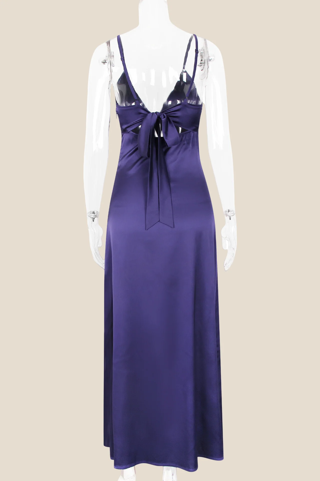 Plunge Neck Purple Back Tie Long Dress
